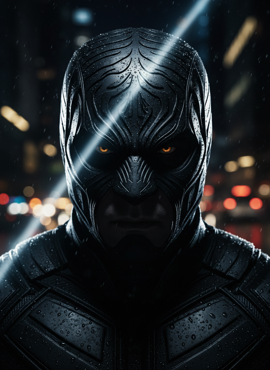 A close-up, photographic portrait of Tiger-Man’s masked face and upper torso, revealing intricate tiger-stripe patterns embossed into matte black armor, amber eyes glowing with determination, and fine raindrops beading on the textured surface of his suit. He stands against a blurred nighttime city backdrop streaked with distant lights. A single diagonal beam of cool white light cuts across his face, creating intense highlights on his whisker-like markings and deep shadows along his jawline. Eye-level composition with tight framing emphasizes his mystery and strength, ideal for an author bio or character introduction section, with a bold, high-contrast, cinematic mood.