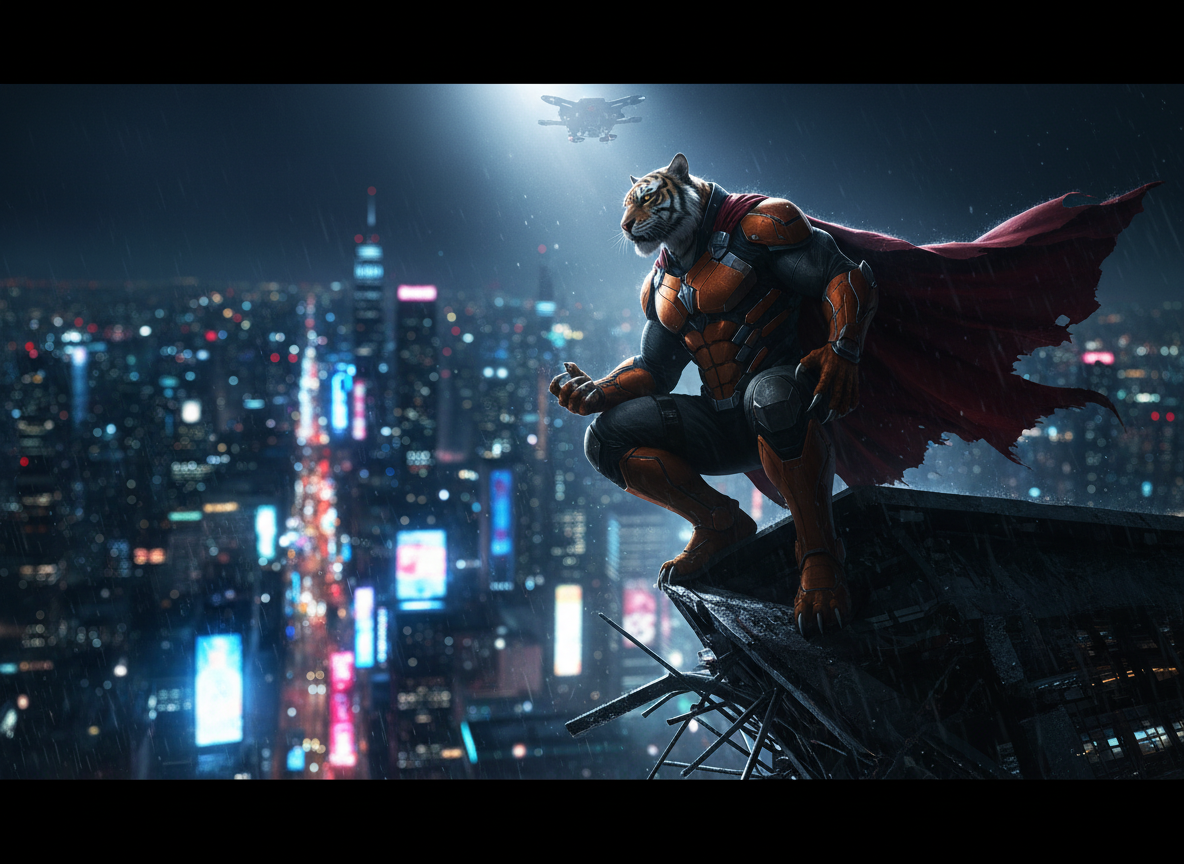 A powerful anthropomorphic tiger superhero, Tiger-Man, stands on the jagged edge of a steel skyscraper rooftop at night, his striped, muscular form wrapped in a sleek black-and-deep-orange tactical suit with subtle metallic armor plates and a flowing, torn cloak. Below him, a sprawling futuristic city glows with neon blues and fiery reds, rain misting through the air. A cold spotlight from a hovering drone silhouettes his feline profile and glints off his sharp claws. Photographic realism, low-angle composition for a bold, iconic homepage hero image, with dramatic high-contrast lighting and shallow depth of field that keeps Tiger-Man razor-sharp while the city falls into cinematic bokeh.