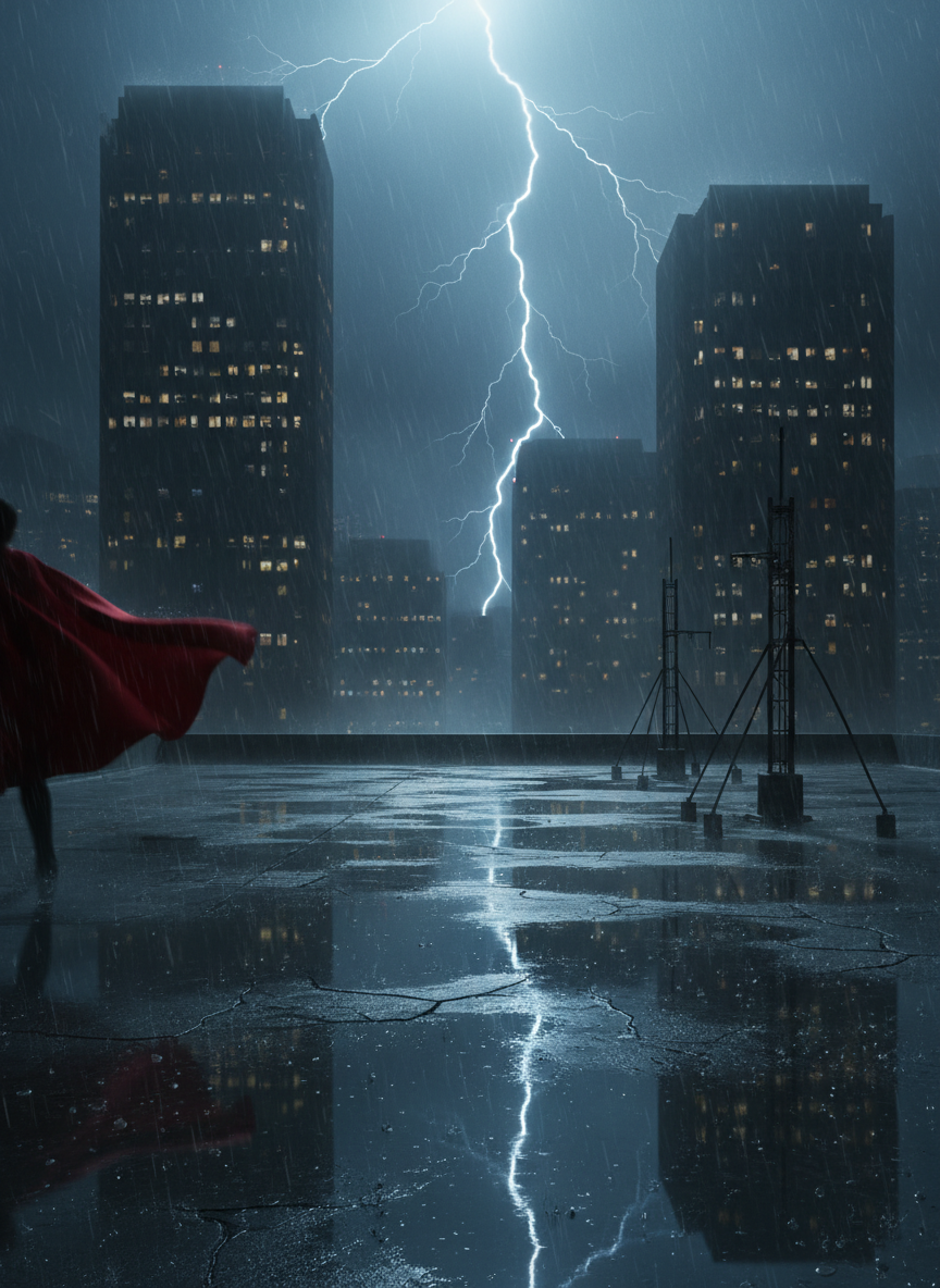 A dramatic, stormy rooftop showdown environment without visible opponents, designed to suggest an imminent battle for Tiger-Man. Deep puddles on cracked concrete reflect jagged lightning forks and the faint silhouette of his cloak whipping at the frame’s edge. Massive city towers loom in the misty background, windows glowing like a grid of watchful eyes. Cold, blue-gray storm light dominates, punched by occasional warm flashes of lightning that create razor-edged reflections. Wide, cinematic composition in photographic realism, with strong leading lines drawing the eye toward the center, ideal as a chapter divider or background image to evoke tension and high-stakes conflict in the novel.