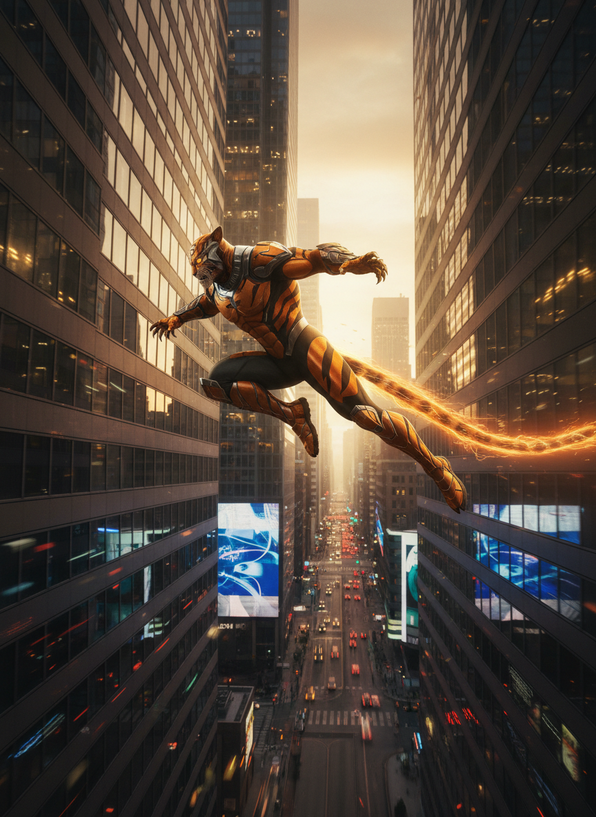 An action-packed scene of Tiger-Man mid-leap between two towering glass buildings, his body extended in a dynamic arc, tail streaming behind like a streak of orange lightning. The reflective skyscraper surfaces capture distorted flashes of his striped armor and the trailing blur of his movement. Below, traffic lights and digital billboards form a glowing grid. Golden hour light slants across the city, catching the edges of his claws and suit, while motion blur emphasizes speed. Photographic realism from a slightly below, three-quarter angle, with a wide cinematic frame conveying explosive energy—perfect for promoting the superhero novel’s action sequences.