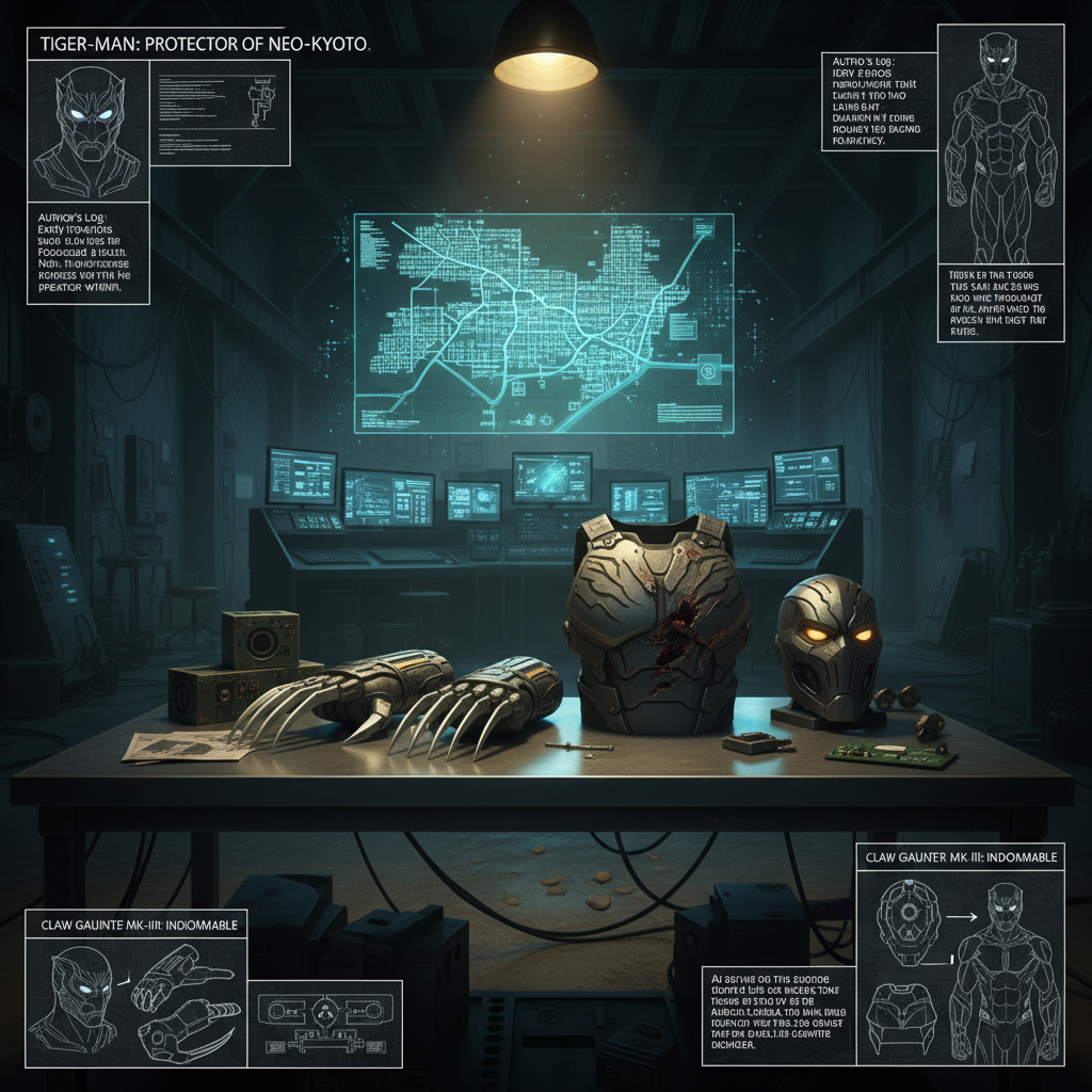 Inside a dim, abandoned industrial warehouse converted into a secret lair, Tiger-Man’s high-tech gear is laid out on a brushed metal table: clawed gauntlets with retractable blades, a segmented mask with glowing amber lenses, and a battle-worn chest plate etched with subtle tiger motifs. In the background, a large holographic city map hovers above consoles and monitors. Cool blue and green light from the screens mixes with a single warm overhead spotlight, creating moody pools of illumination and long shadows. Photographic realism, shot from a slightly elevated angle, with crisp focus on the equipment, supporting sections of the site that explore lore, world-building, and the author’s creative process.
