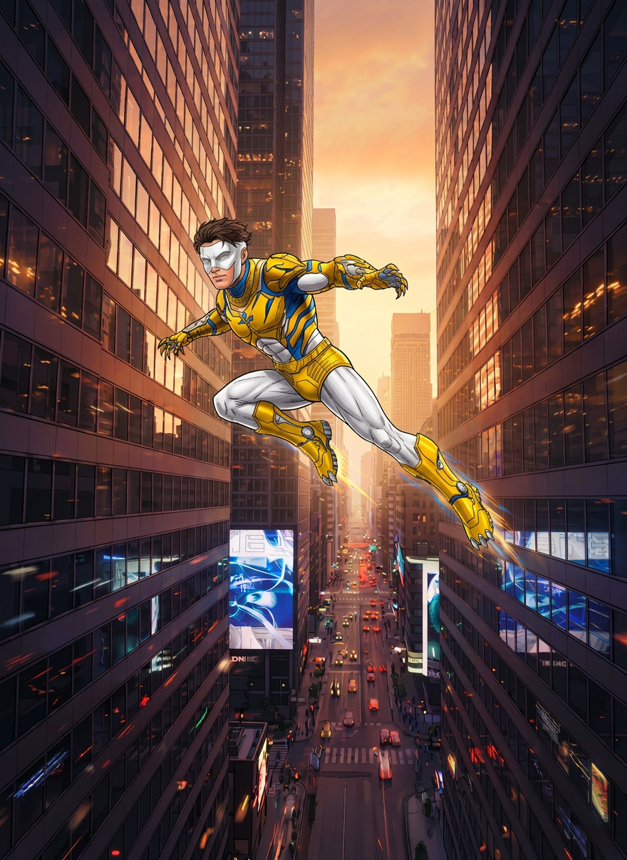 An action-packed scene of Tiger-Man mid-leap between two towering glass buildings, his body extended in a dynamic arc, tail streaming behind like a streak of orange lightning. The reflective skyscraper surfaces capture distorted flashes of his striped armor and the trailing blur of his movement. Below, traffic lights and digital billboards form a glowing grid. Golden hour light slants across the city, catching the edges of his claws and suit, while motion blur emphasizes speed. Photographic realism from a slightly below, three-quarter angle, with a wide cinematic frame conveying explosive energy—perfect for promoting the superhero novel’s action sequences.