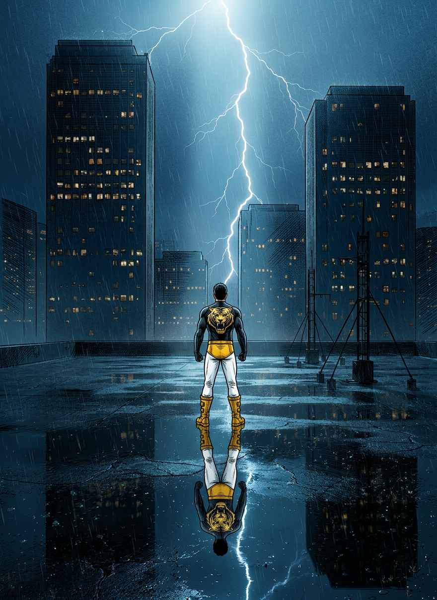 A dramatic, stormy rooftop showdown environment without visible opponents, designed to suggest an imminent battle for Tiger-Man. Deep puddles on cracked concrete reflect jagged lightning forks and the faint silhouette of his cloak whipping at the frame’s edge. Massive city towers loom in the misty background, windows glowing like a grid of watchful eyes. Cold, blue-gray storm light dominates, punched by occasional warm flashes of lightning that create razor-edged reflections. Wide, cinematic composition in photographic realism, with strong leading lines drawing the eye toward the center, ideal as a chapter divider or background image to evoke tension and high-stakes conflict in the novel.